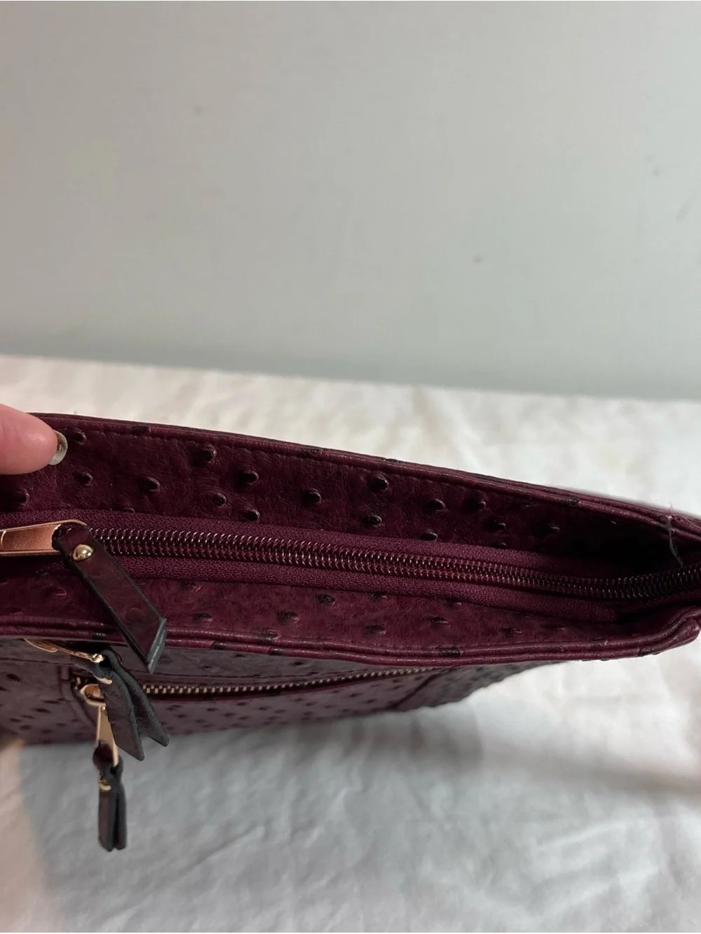 Cato Women's Crossbody Bag in Burgundy Faux Ostrich Leather - Classic Everyday